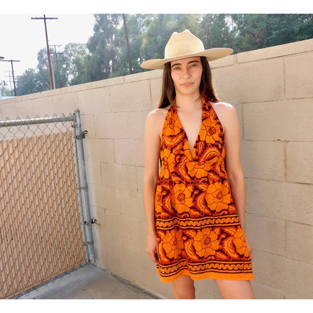 Vintage 70s Indian Boho Halter Mini Dress Tunic Orange Deadstock O/S